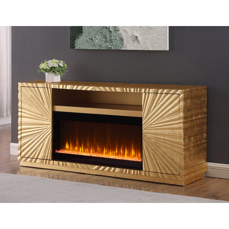 Anni 65" Gold Solid Wood Tv Stand with Fireplace Included 