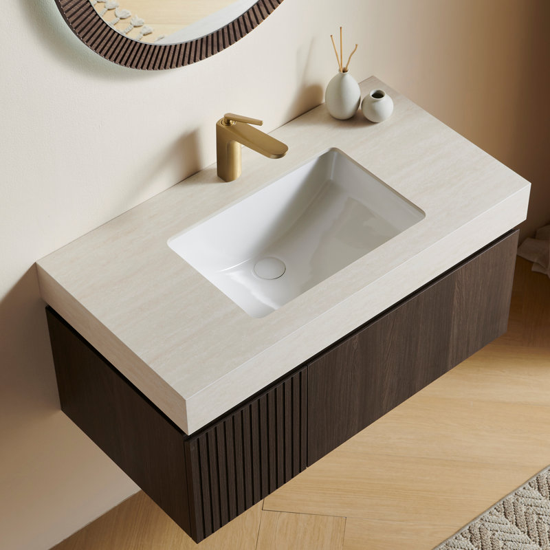 Meuble-lavabo mural 36 po avec comptoir en pierre frittée et lavabo encastré en céramique Muri, Espresso, 36", Beige