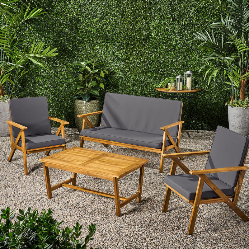 Ensemble de sièges d'extérieur 4 pièces avec bois et tissu imperméable - Comprend, 2 fauteuils club, une table basse, un tissu de conversation pour l'extérieur