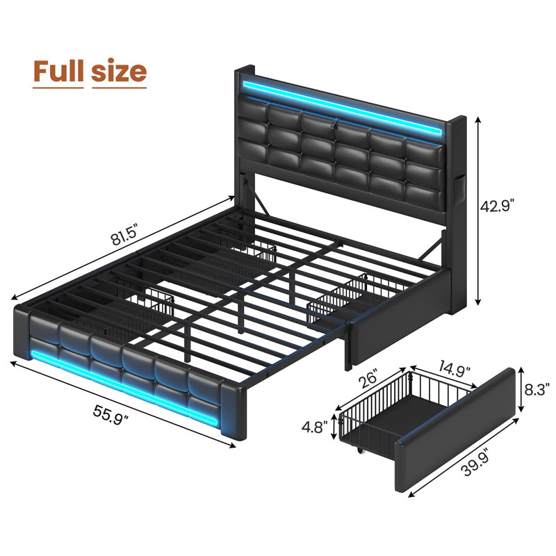 Bed Frames with Storage Headboard & 4 Drawers, LED Bed Frame with Charging Station, Upholstered Platform Bed,No Box Spring Needed