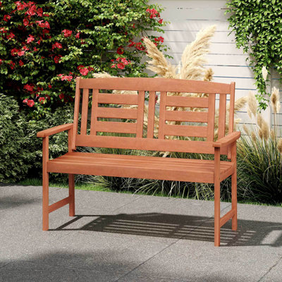 Outdoor Solid Wood Loveseat With Inclined Backrest & Slatted Seat Teak Painting