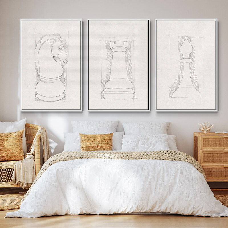 Jeu d'échecs, croquis III - ensemble de 3 reproductions de photos sur toile, H 27 po x l 54 po, Blanc
