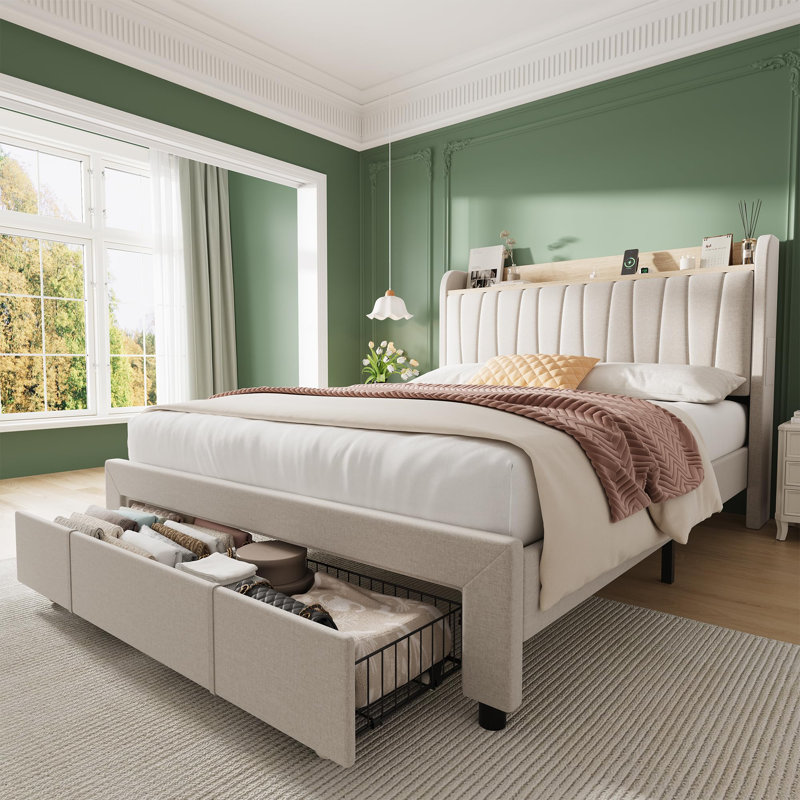Full Size Upholstered Bed Frame with Storage Headboard and Charging Station, Platform Bed Frame with Drawers, Beige, Full