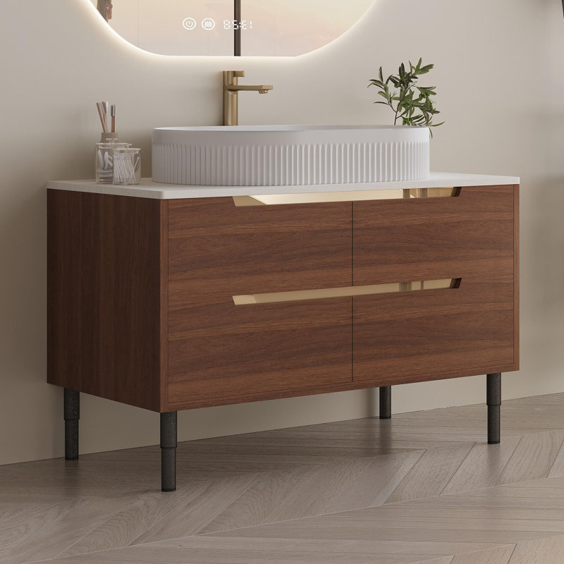 Meuble-lavabo de salle de bain avec lavabo intégré en céramique, Noyer