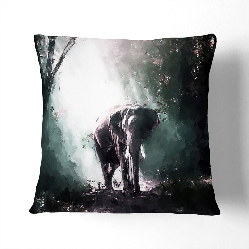 Elephant Roaming in a Green Forest in Abstract Cushion with Filling, 55cm H x 55cm W x 20cm D, White