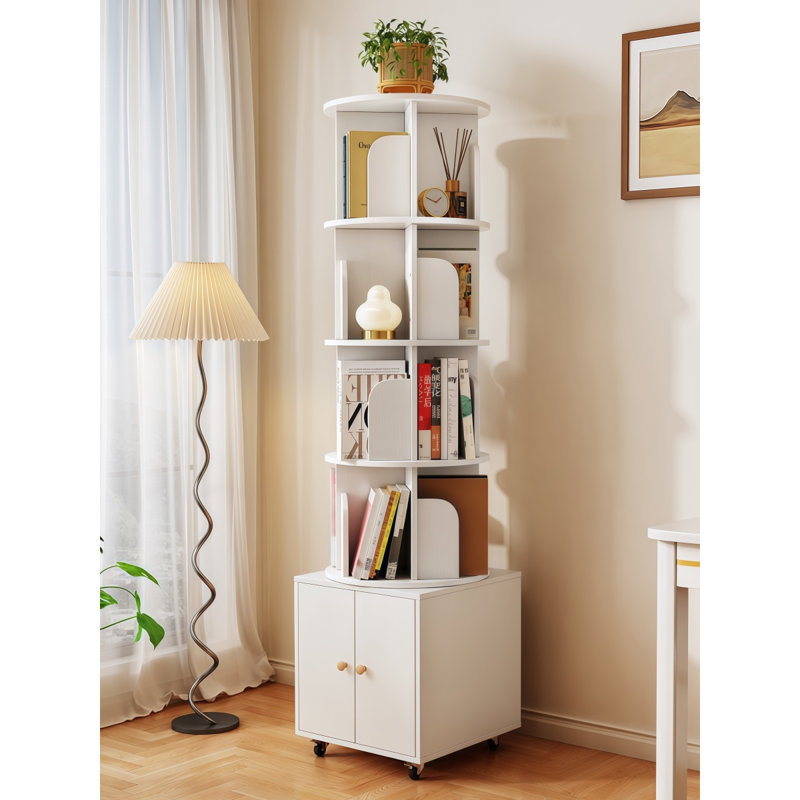 Rotating Bookshelf, 360 Degree Display 5 Tier Corner Bookshelf With Drawer For Small Space, Floor Standing Heise Storage Rack, Wood Narrow Book Shelf Organizer