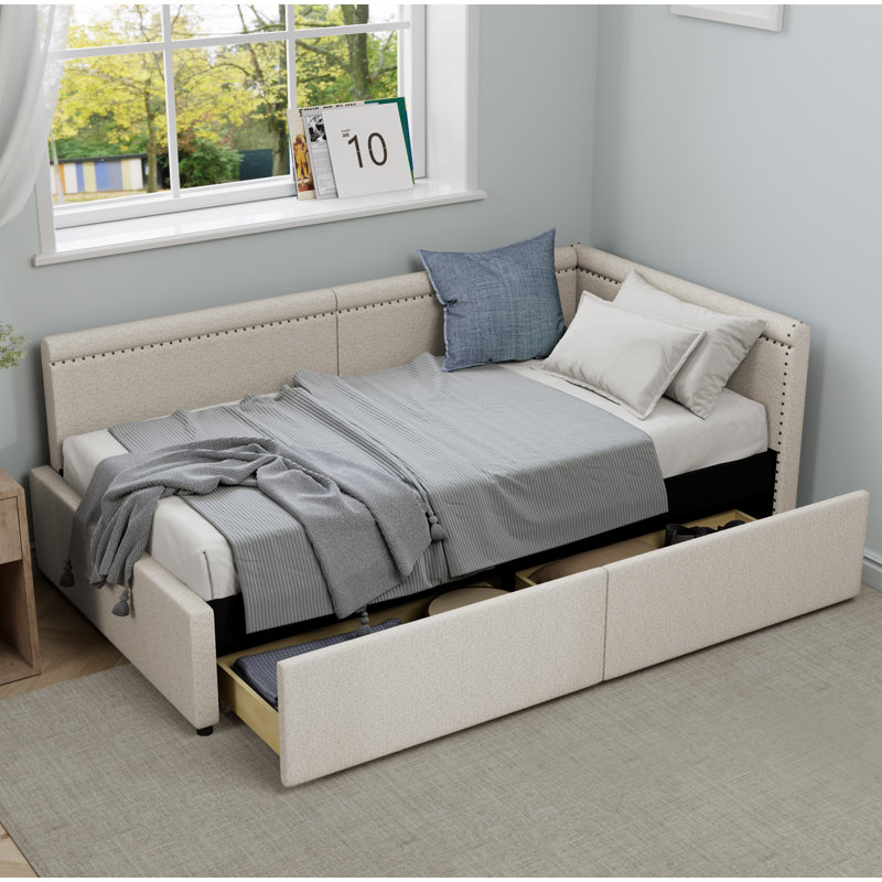 Modern Style Twin Size L Shape Corner Bed, Linen Upholstered Daybed with Two Storage Drawers, Beige