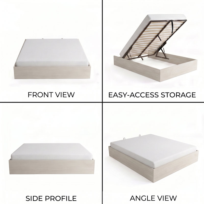 Wooden Platform Bed Frame with Lift Up Storage, Queen, Rustic Off White, Rustic Off White, Queen