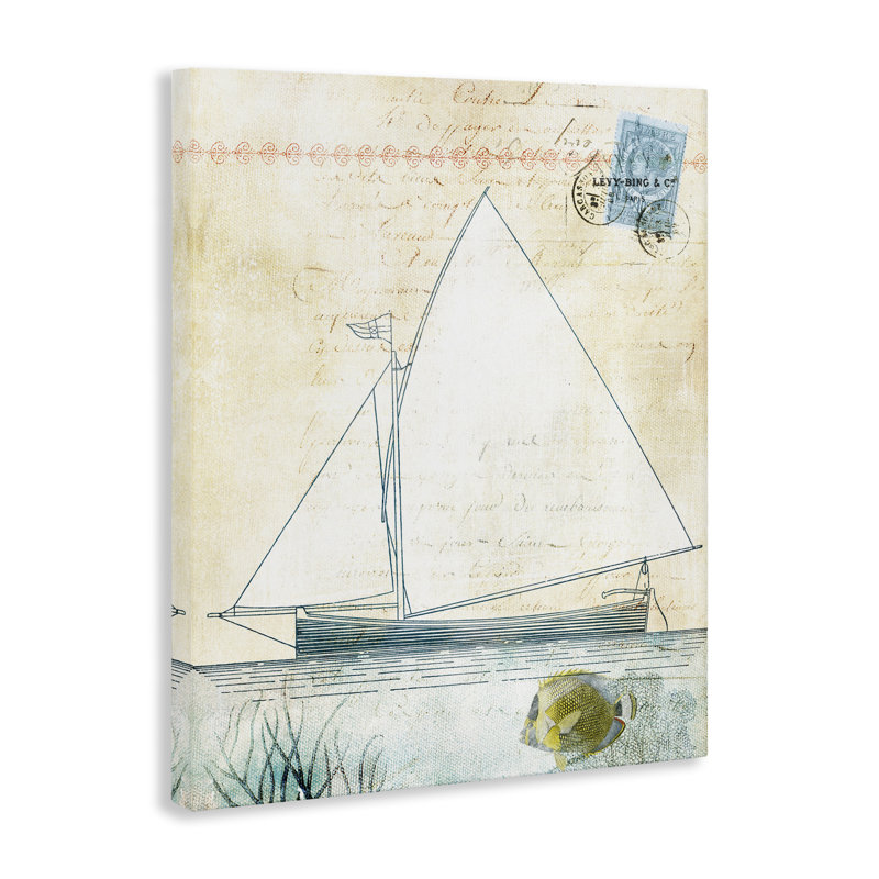Art mural sur toile, voilier antique et timbre postal, design par Susan Arnot, H 20 po x l 16 po