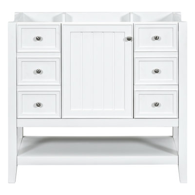 Meuble-lavabo de 36 po de couleur blanche, bois massif et panneau, lavabo en céramique, une armoire, trois tiroirs, finition peinte, autoportant, tablette ajustable simple encastrée blanche