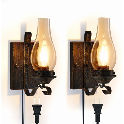 Set of 2 Wall Sconces Clear Glass Shade Plug-In Vintage Industrial Black and Gold