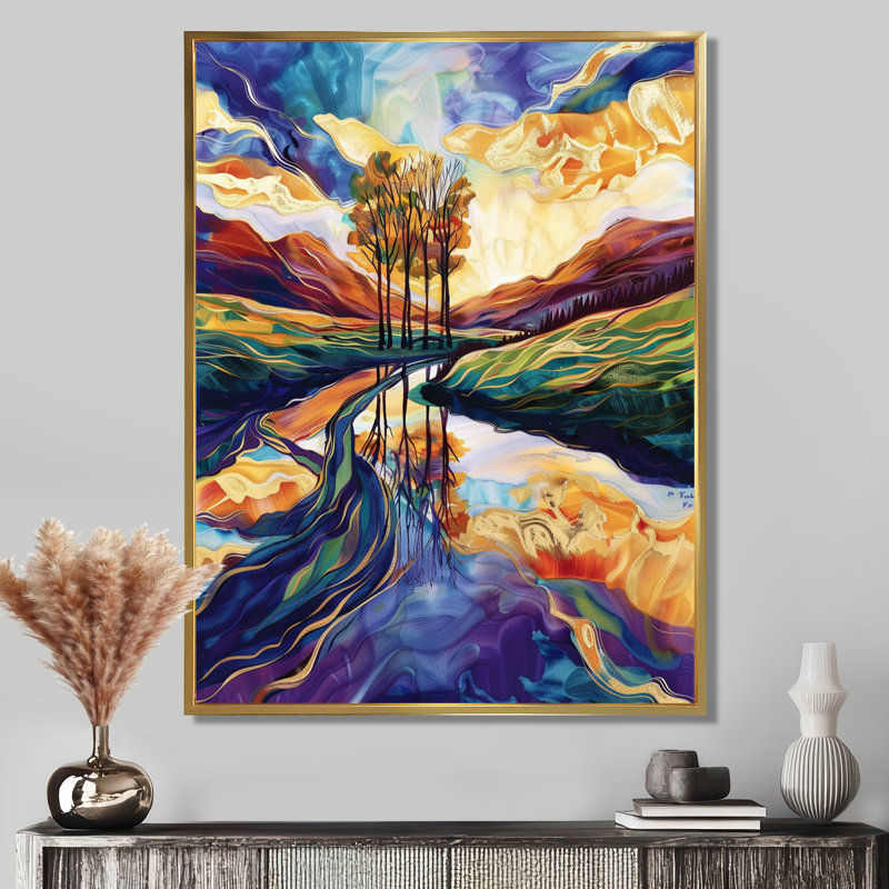 Arbres jaunes automne rivière mauve - paysage abstrait, art mural, salon, Cadre flottant doré, 20" H x 12" W