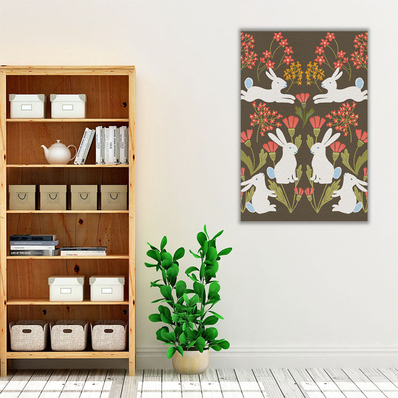 «Folk Flower and Rabbit II», reproduction d'art sur toile, H 60 po x l 40 po