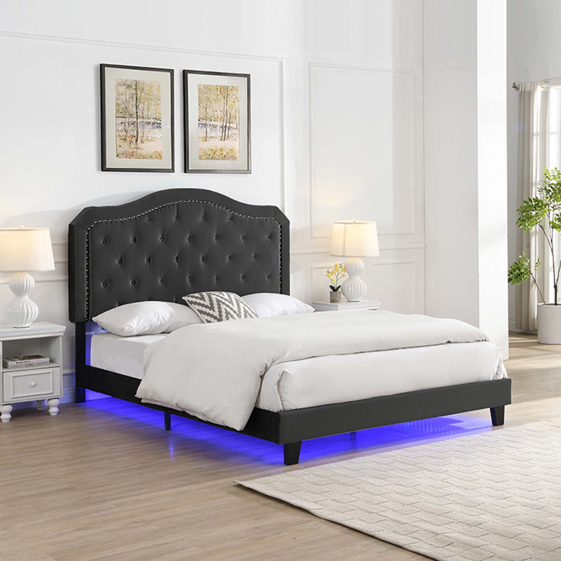 Upholstered Bed With LED Light-Platform Bed, Black