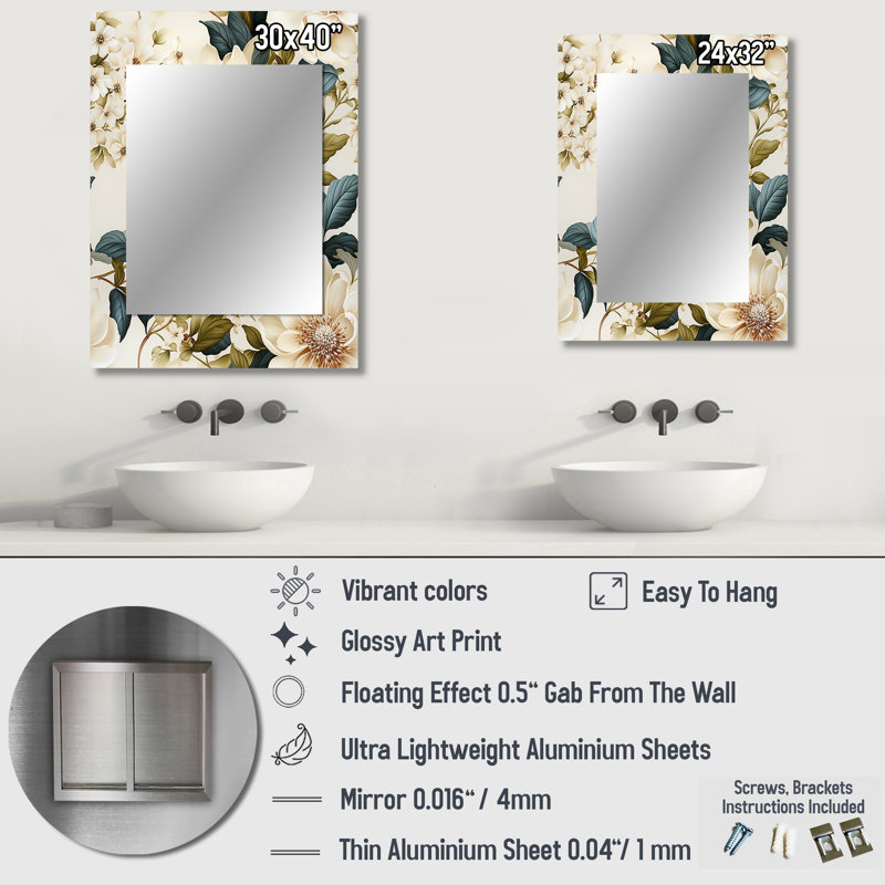 Afsaar crème délicat coquelicots fleurs - miroir mural floral, miroir décoratif floral, impression d'art en métal