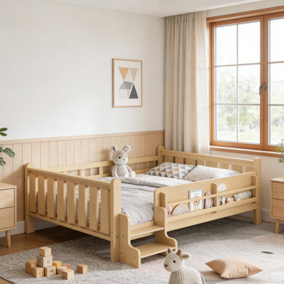 Queen Size Solid Wood Kids Floor Bed With Storage Bookcases, Cute Stairs & Guardrails, No Box Spring Needed (Light Natural)