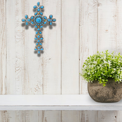 Resin Rustic Southwest Turquoise Wall Cross – Silver-Trimmed Gemstone Accents – Western-Inspired Religious Wall Décor – Hanging Cross For Living Room, Office, Or Entryway – Rustic Religious Gift For Home Or Holiday