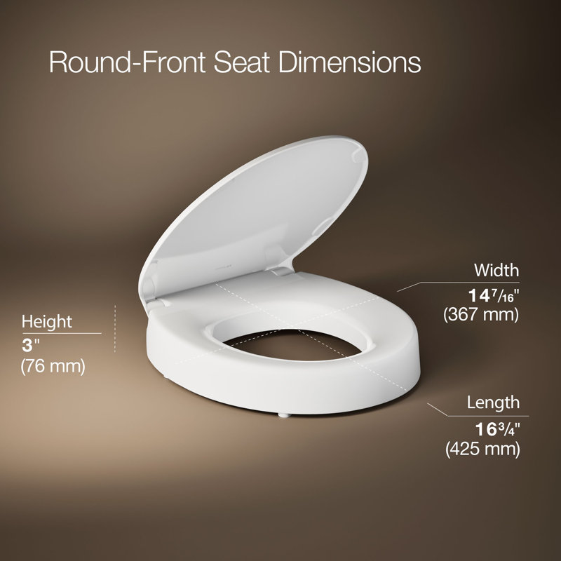 Hyten Elevated Toilet Seat with Quiet-Close Lid and Seat and Grip-Tight Bumpers, Round, White