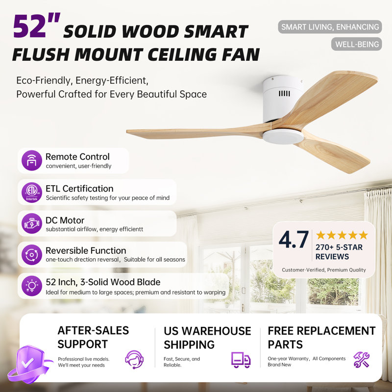  Sofucor Rachel 52'' 3-Solid Wood Blade Flush Mount Classic Ceiling Fan no Lights, White/Beige, White with Beige Blade