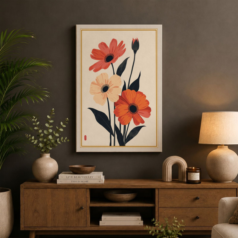 Gerbera Daisies in Bloom Botanical - Wrapped Canvas, 24x16 - 61.0 x 40.6 cm, Black Border