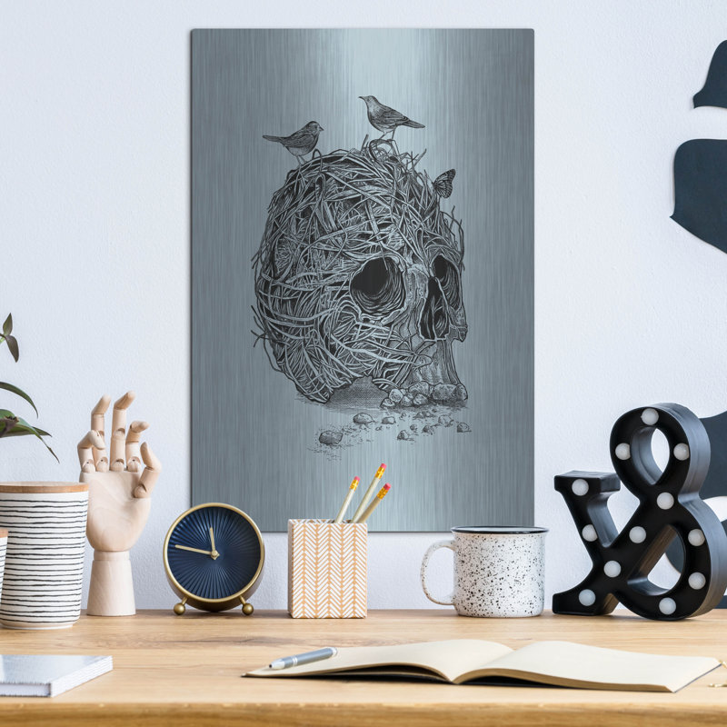 «Skull Nest», art mural en métal, H 16 po x l 12 po