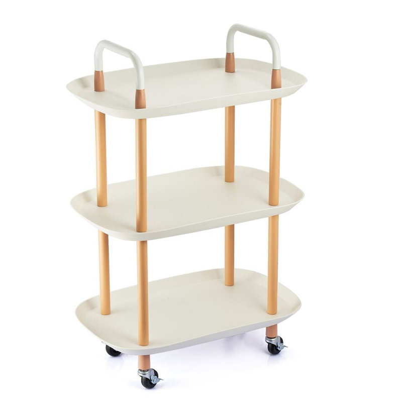 3 Tier Beech Wood & Plastic Serving Storage Trolley Food Drinks Cart on Wheels, White