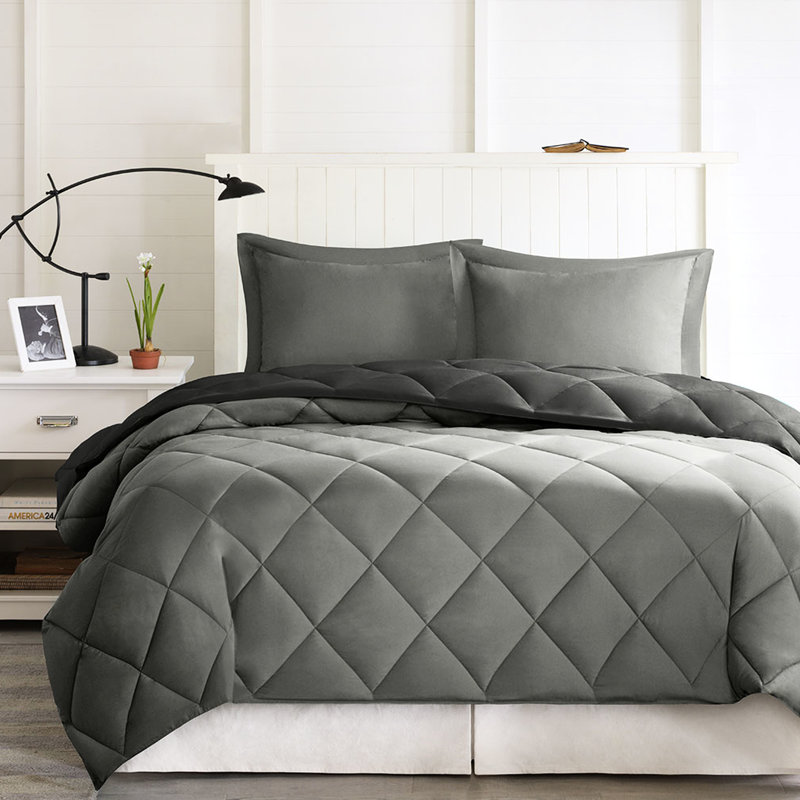 Édredon chaud et élégant avec duvet synthétique de 3 m, Édredon très grand + 2 taies décoratives, Noir/gris