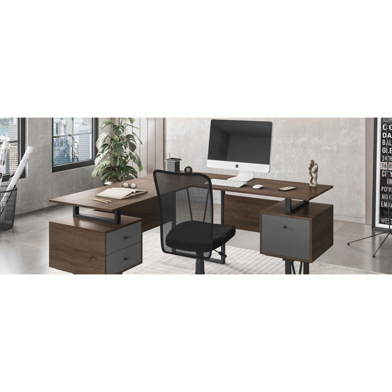Reversible L-Shape Computer Desk with Drawers and File Cabinet, Walnut