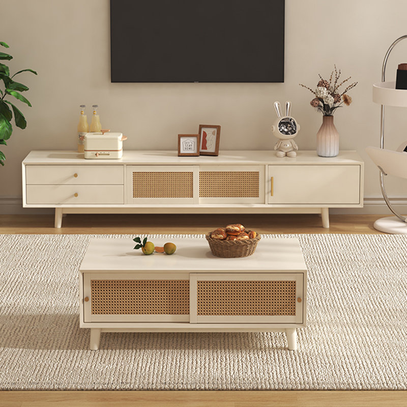 Meuble télé et table basse en hévéa, Crème, crème