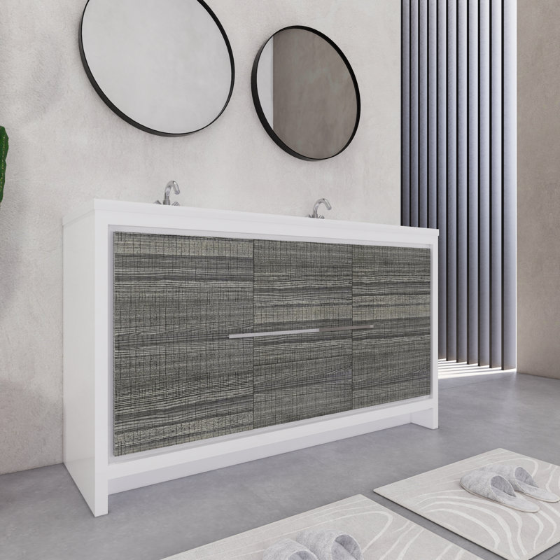 Eden 60" Double Sink Bathroom Vanity Set, Gloss White/Ash Gray