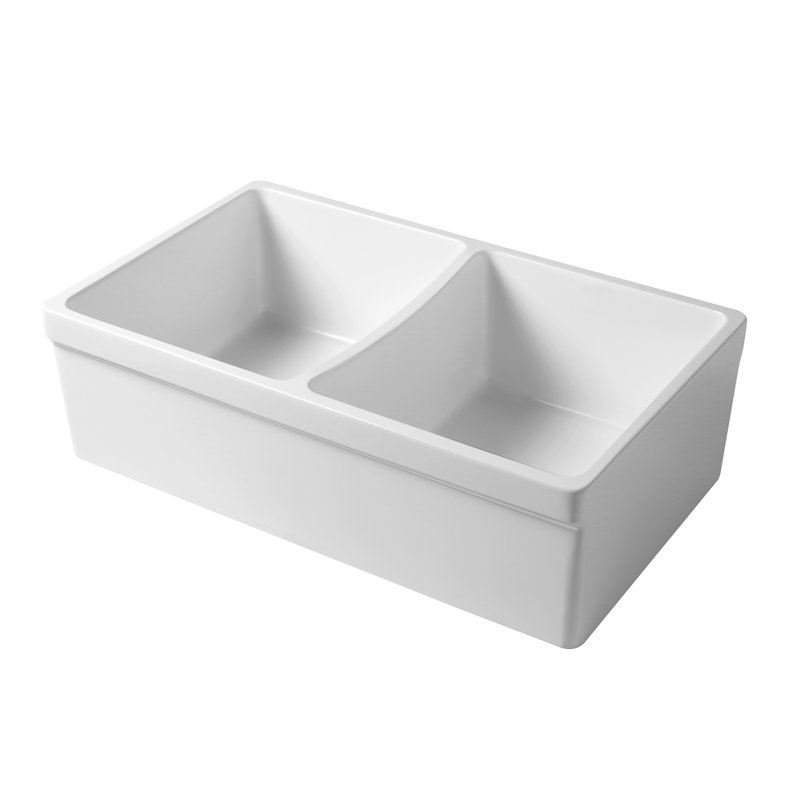 FarmhausQuatro 33" L x 20" W Double Bowl Farmhouse Kitchen Sink, White