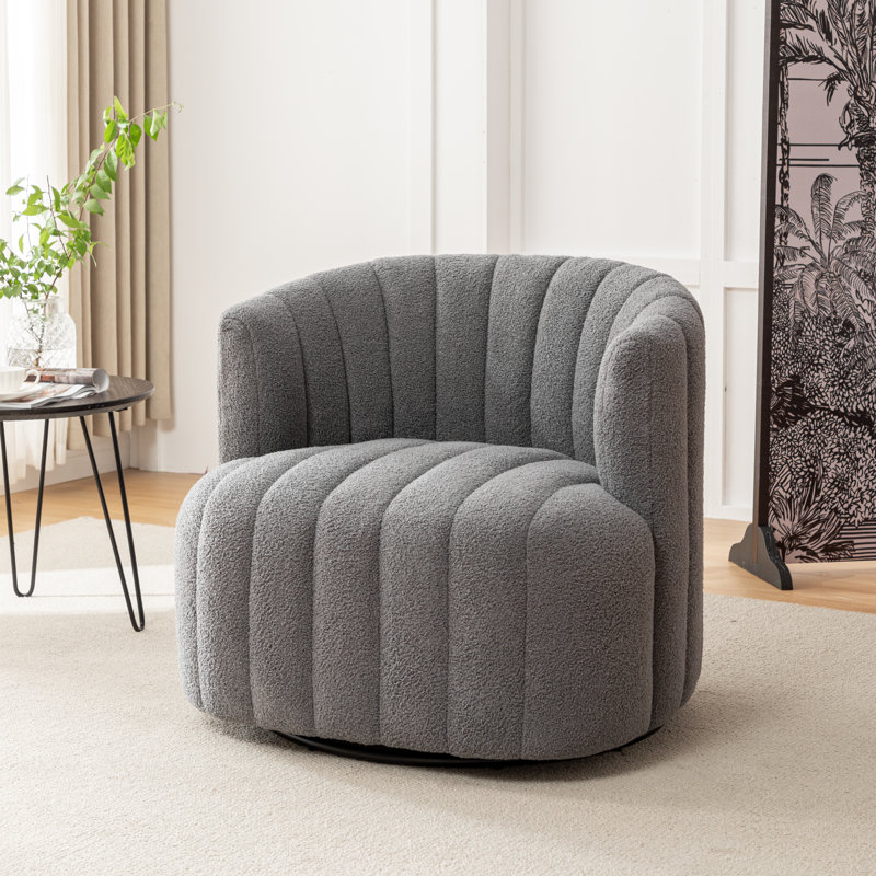 Bryonie Upholstered Swivel Barrel Chair, Gray Teddy