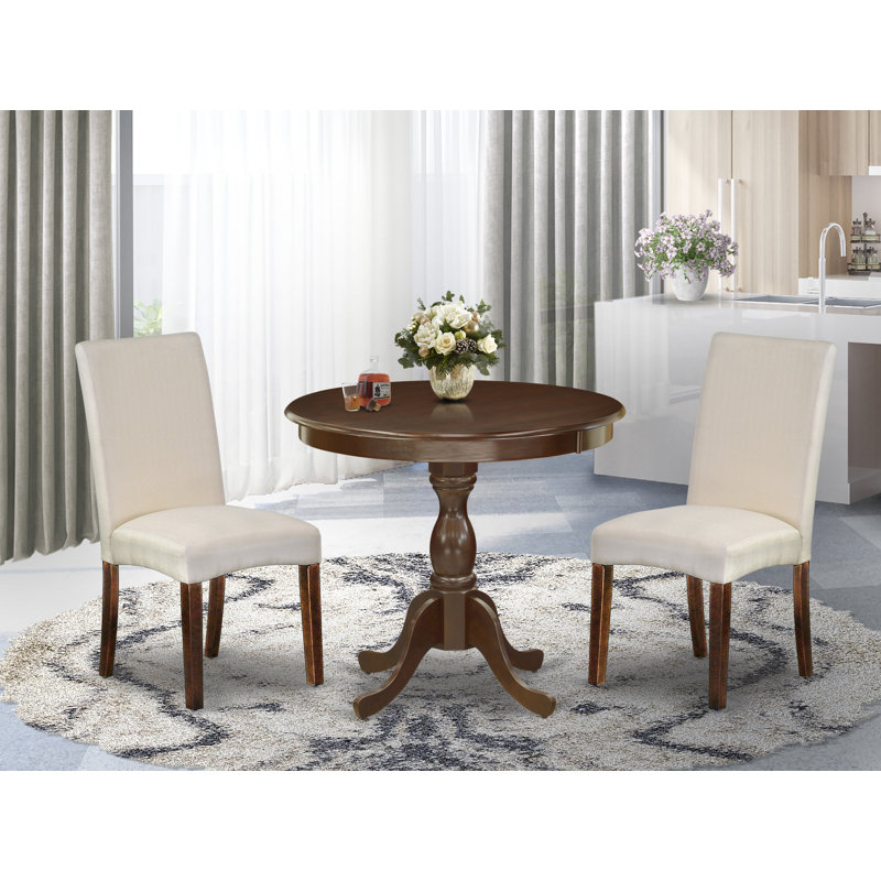 3 Piece Dining Table Set Includes 1 Wooden Table and 2 Cream Linen Fabric Padded Chair with High Back - Mahogany Finish, 3