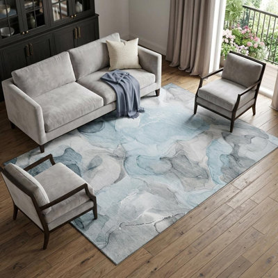 8' X 10' Teal And Gray Abstract Washable Area Rug With UV Protection
