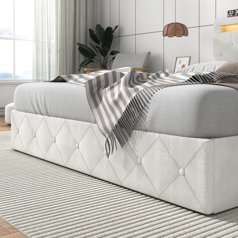Lit plateforme tapissier avec rangement à DEL Keshandra, Grand, Beige