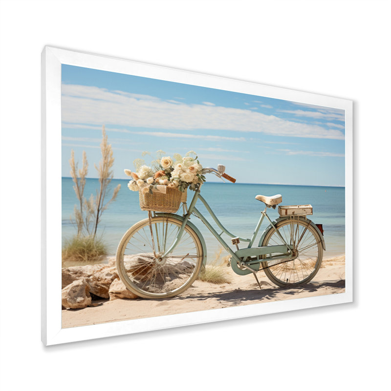 Vélo à pédales tranquilles près de la plage - impression, H 30 po x l 40 po x P 1,5 po, Cadre photo blanc