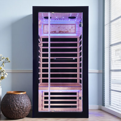 Sauna d'intérieur KISRAIS à infrarouges FAR à faible intensité d'EMF avec 20 lumières de chromothérapie étoilées, un générateur d'ions d'oxygène négatif, 2 haut-parleurs Bluetooth | Sauna personnel à chaleur sèche d'intérieur pour la maison et la salle de sport - fabriqué à partir de pruche du Canada