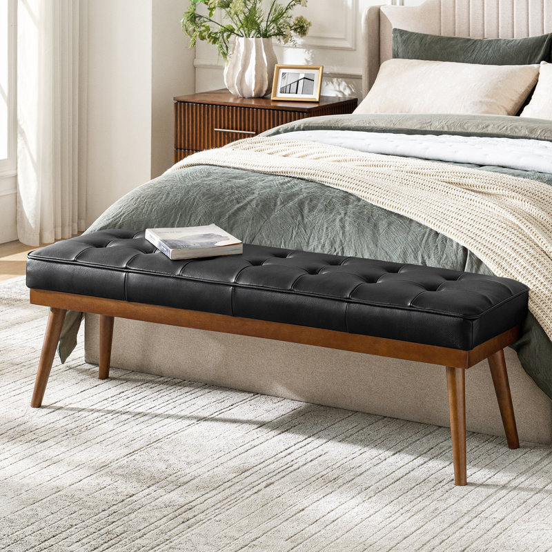  Bittoo Mid-century Genuine Leather Upholstered Bench, Black