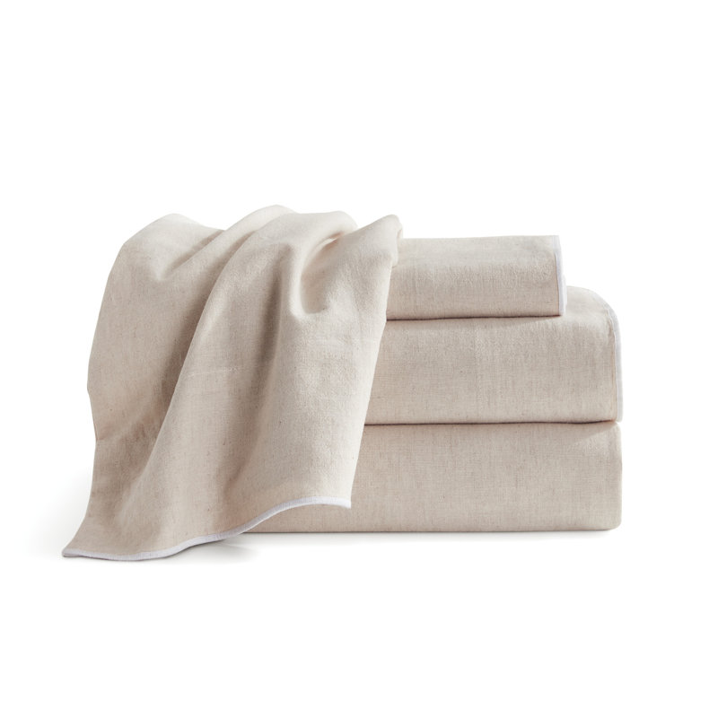 Washed Linen Cotton Blend 4 Piece Sheet Set, Linen, Queen Sheet Set with 2 Pillowcases