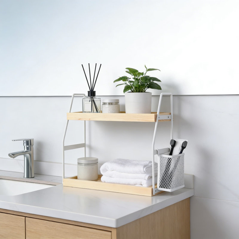 Organisateur de comptoir de salle de bain à 2 niveaux avec panier de rangement, tablette de meuble-lavabo en bois pour les soins de la peau et le maquillage, organisateur de comptoir peu encombrant