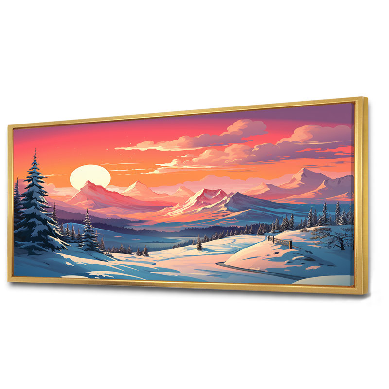 Coucher de soleil sur les montagnes d'hiver, Cadre flottant doré, H 28 po x l 60 po x P 1,5 po