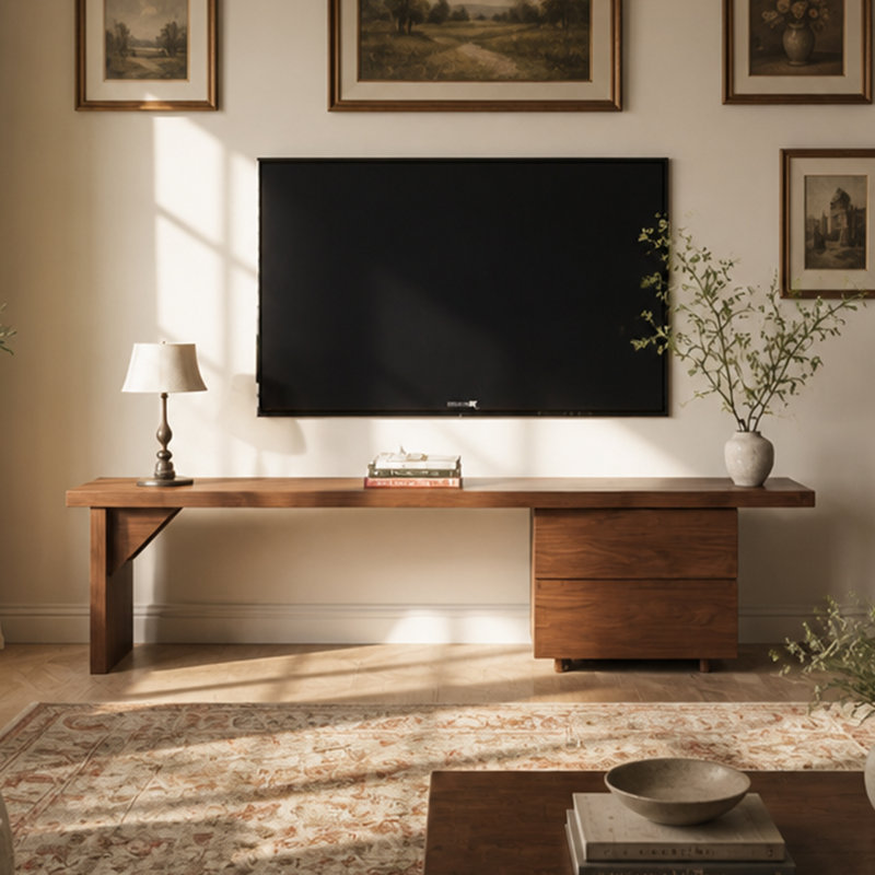 Meuble télé de style Mid-Century moderne avec plateau en forme de vague, 2 tiroirs extensibles, console multimédia à finition noyer pour téléviseur de 75 po ou moins