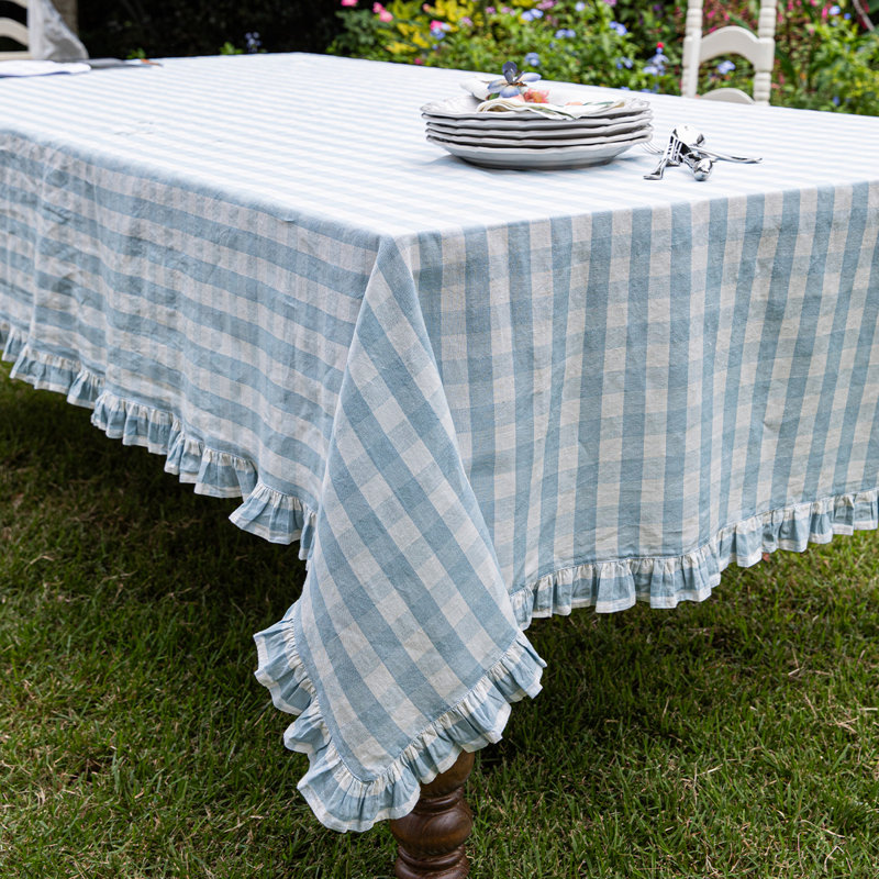 Gingham Ruffle 18" x 90" Table Runner, 120" L x 60" W, Ocean