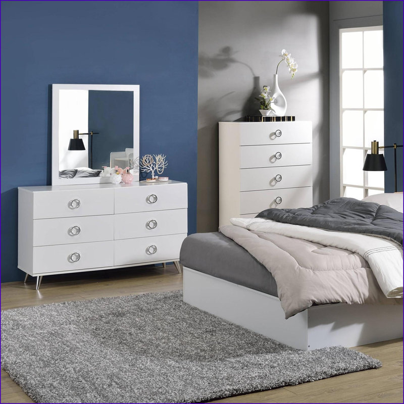 Commodes, commode blanche moderne à 6 tiroirs avec quincaillerie chromée | Blanc | Panneau de particules