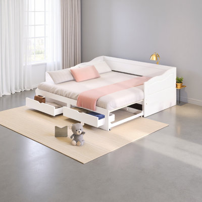 Wooden Daybed With Trundle Bed And Two Storage Drawers
