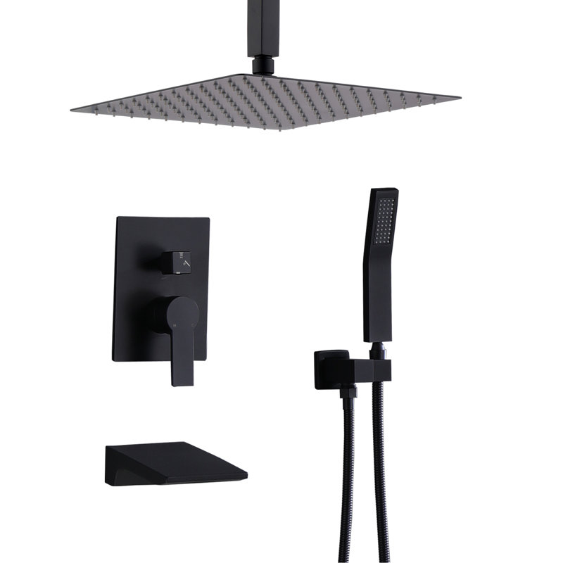 12" Shower Outfit Formation Contraption Construction Kit Assembly, Matte Black, Stainless Steel, With Handheld & Waterfall Tub Spout, Wall Mounted