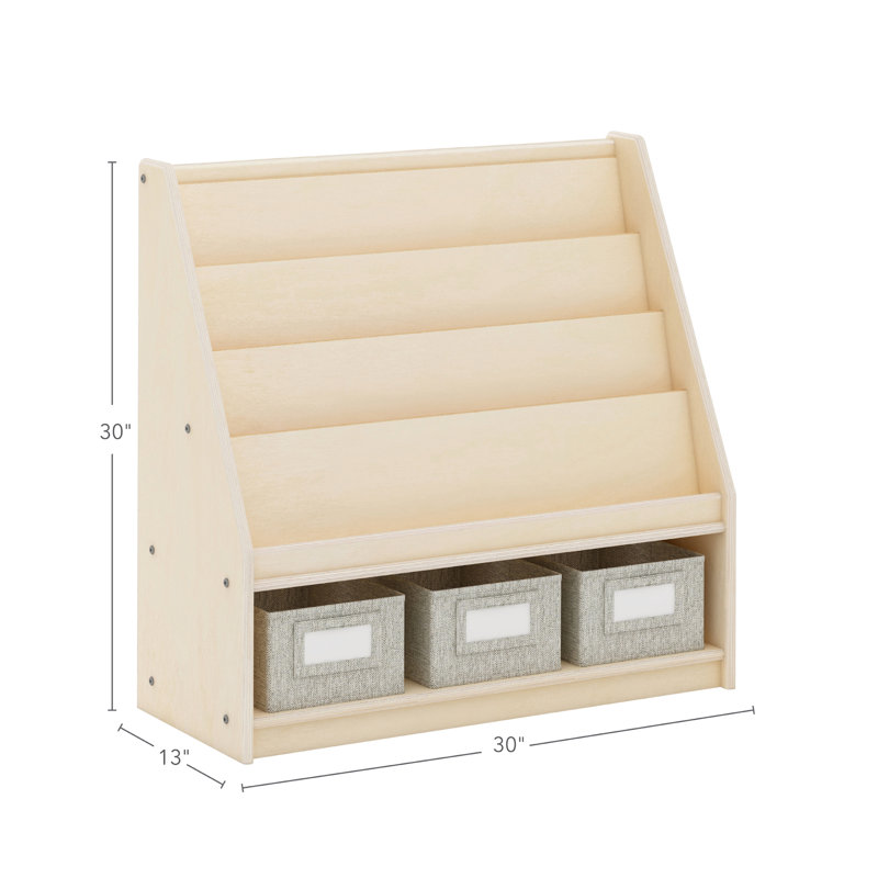 Natural Wooden Kids Book and Bin Display with Fabric Bins
