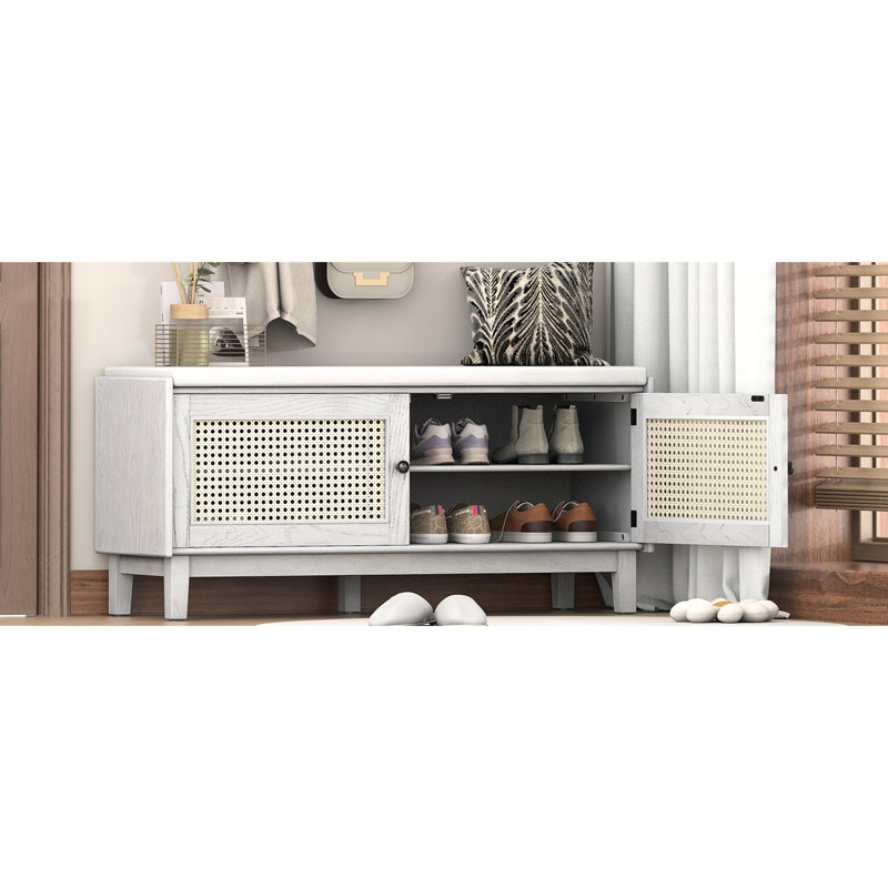 Banc de hall d'entrée avec coussin, rangement pour et encombrement, banc d'inspiration bohémienne à finition grise réglable à 3 niveaux, conception à double porte, 4 sections, poids de 200 lb, beige