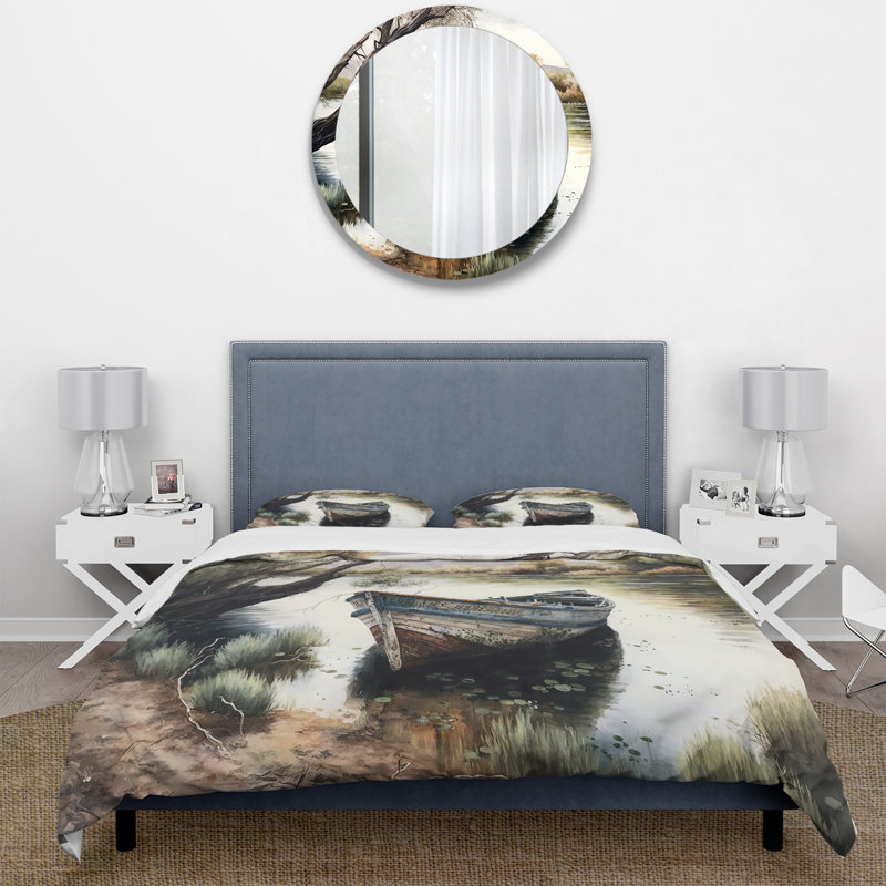 Bateau de pêche dans la rivière - Ensemble de housse de couette paysages - Microfibre de polyester