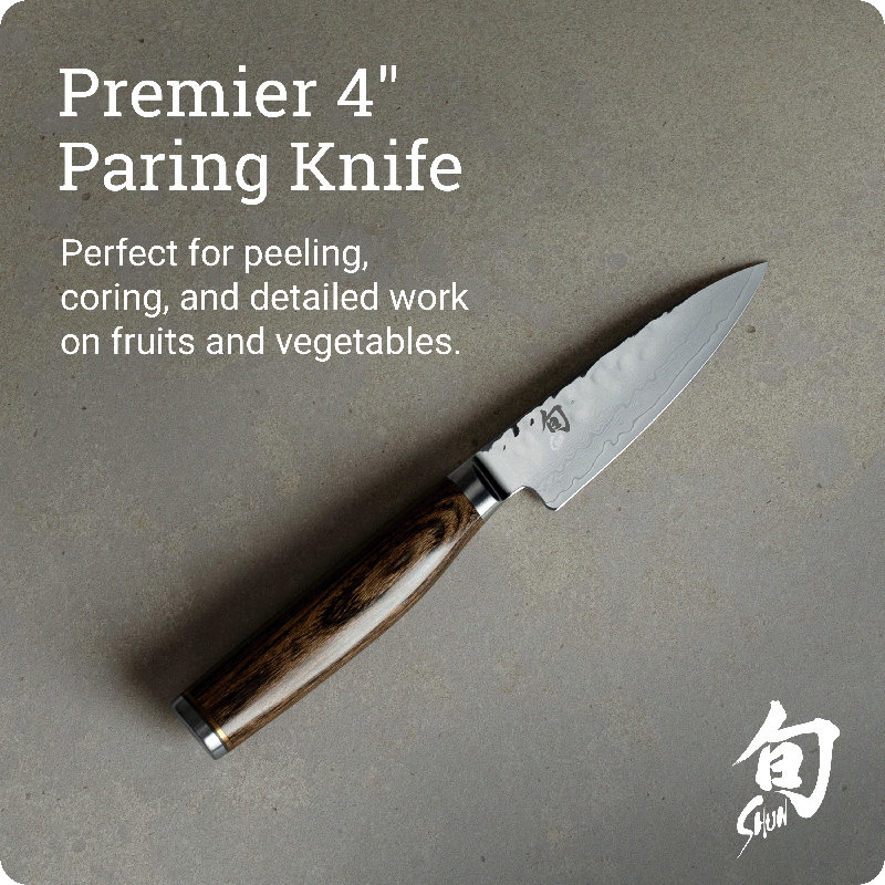 Shun Premier 4" Paring Knife, Handcrafted Japanese Vegetable & Fruit Knife, VG-MAX Core with Damascus Stainless Steel Cladding, Pakkawood Handle, Small Tool for Peeling, Coring & Cutting
